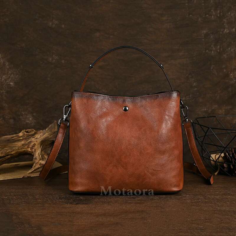 MOTAORA New Vintage Chinese Style Women's Shoulder Bag Emed Handmade Leather Crossbody Bucket Bags Mother's Handbag Purse