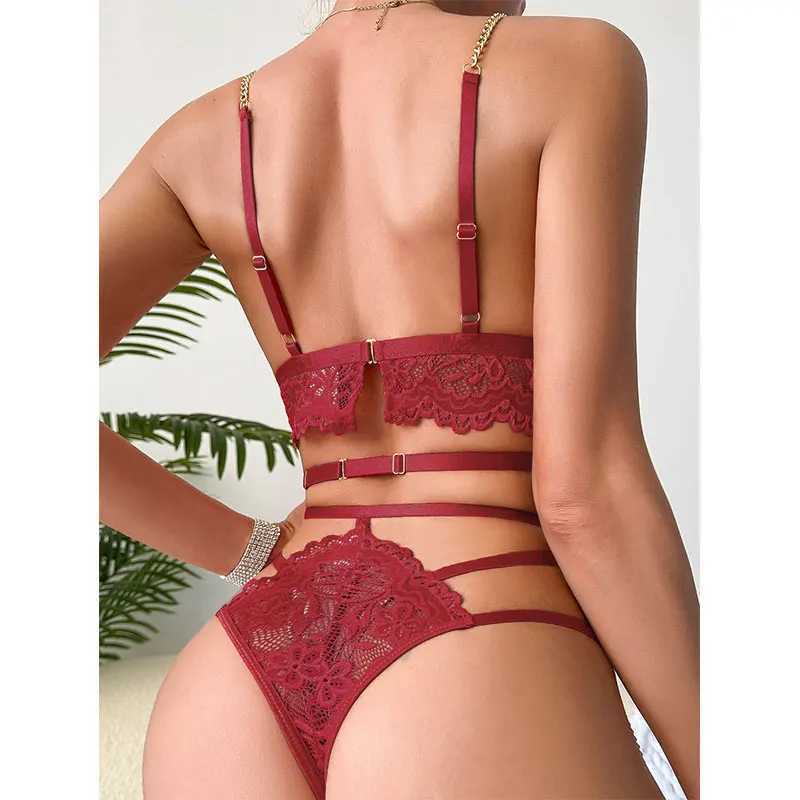 Lingerie Women Burgundy Bra Thong Sets Garter Belt Underwear Set Of 3 Body Suit Lace Semi-See-Through Bras Panties Sexy Costume W250220