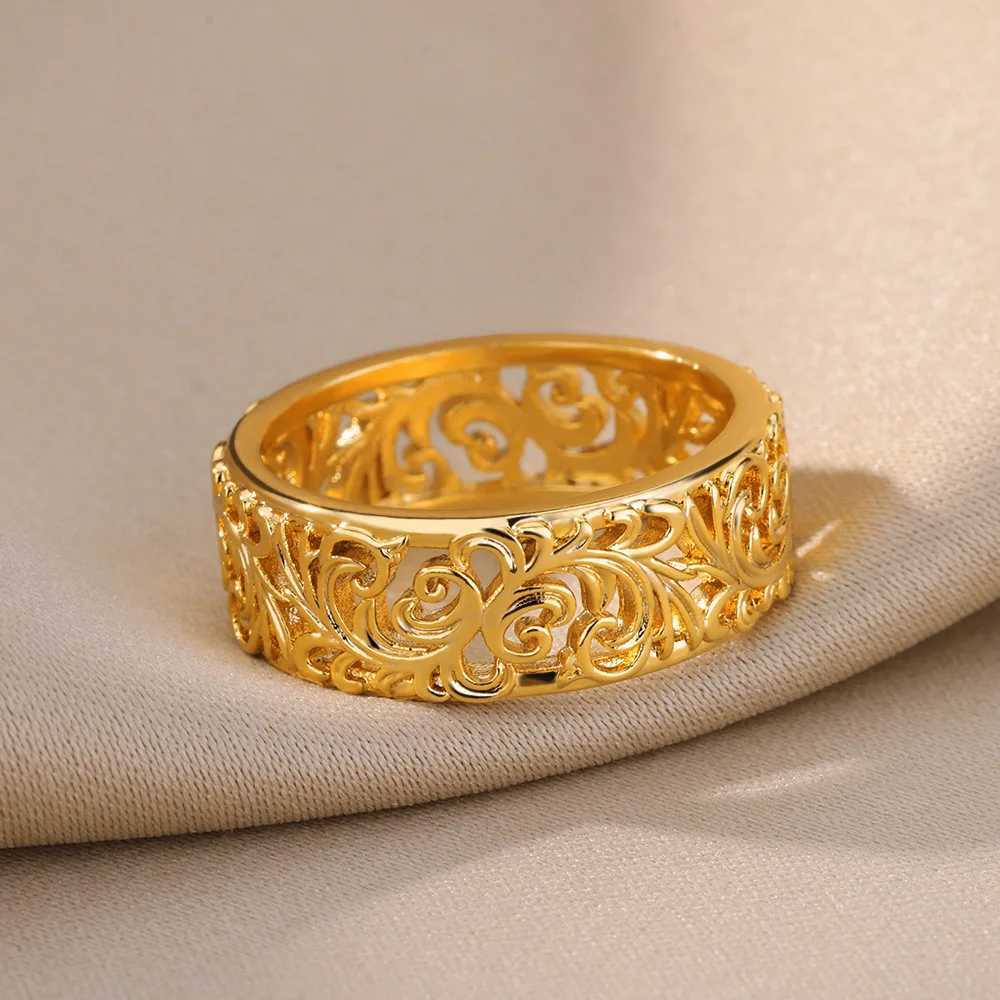 Hollow Flower Rings For Wen Gold Color Stainless Steel Ring Fem Engagement Wedding Party Finger Jewelry Gift 2024 Trend X250220