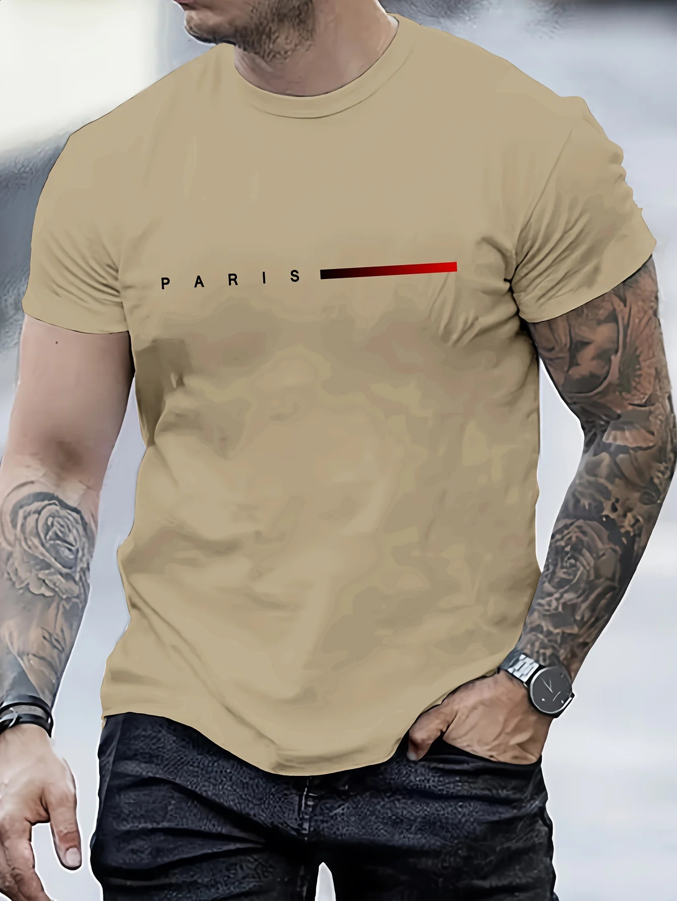 Mens 100% cotton summer loose PARIS Creative Letter print casual slim fit round neck short sleeved T-shirt top 250217