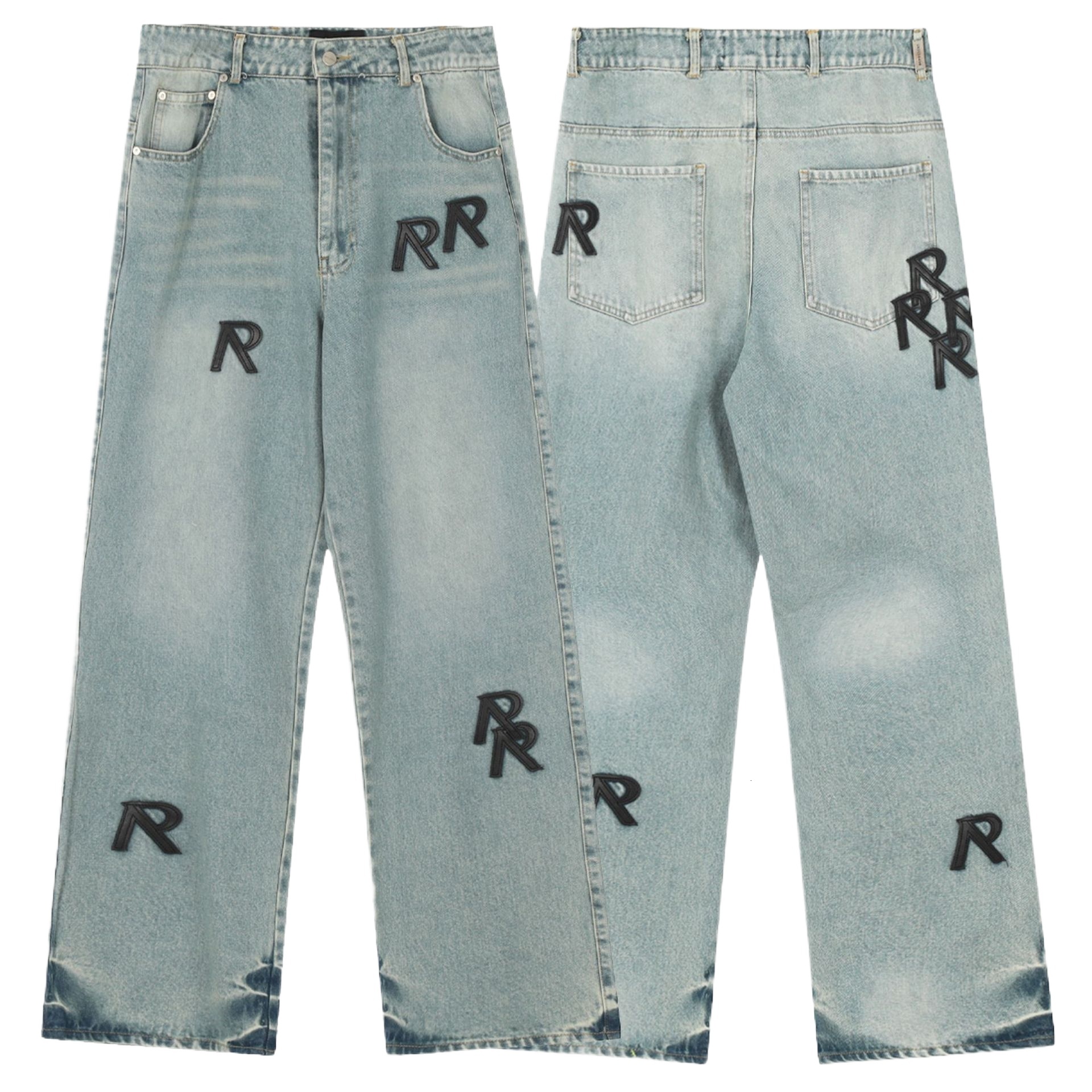 Trendy Brand REPRESEN Letter R, Leather Covered Straight Leg Casual Denim Pants, Men's And Women's High Street Jeans