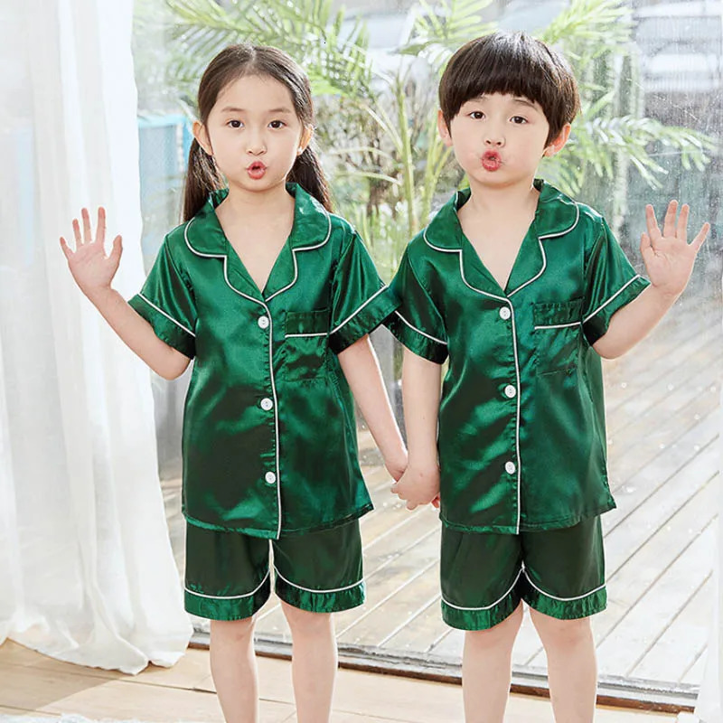 Children Pajamas Sets Satin Silk Boy Pijama Toddler Girl Pyjama Navy Blue Night Clothing Kids Lounge Wear Summer Short Pjs 250219