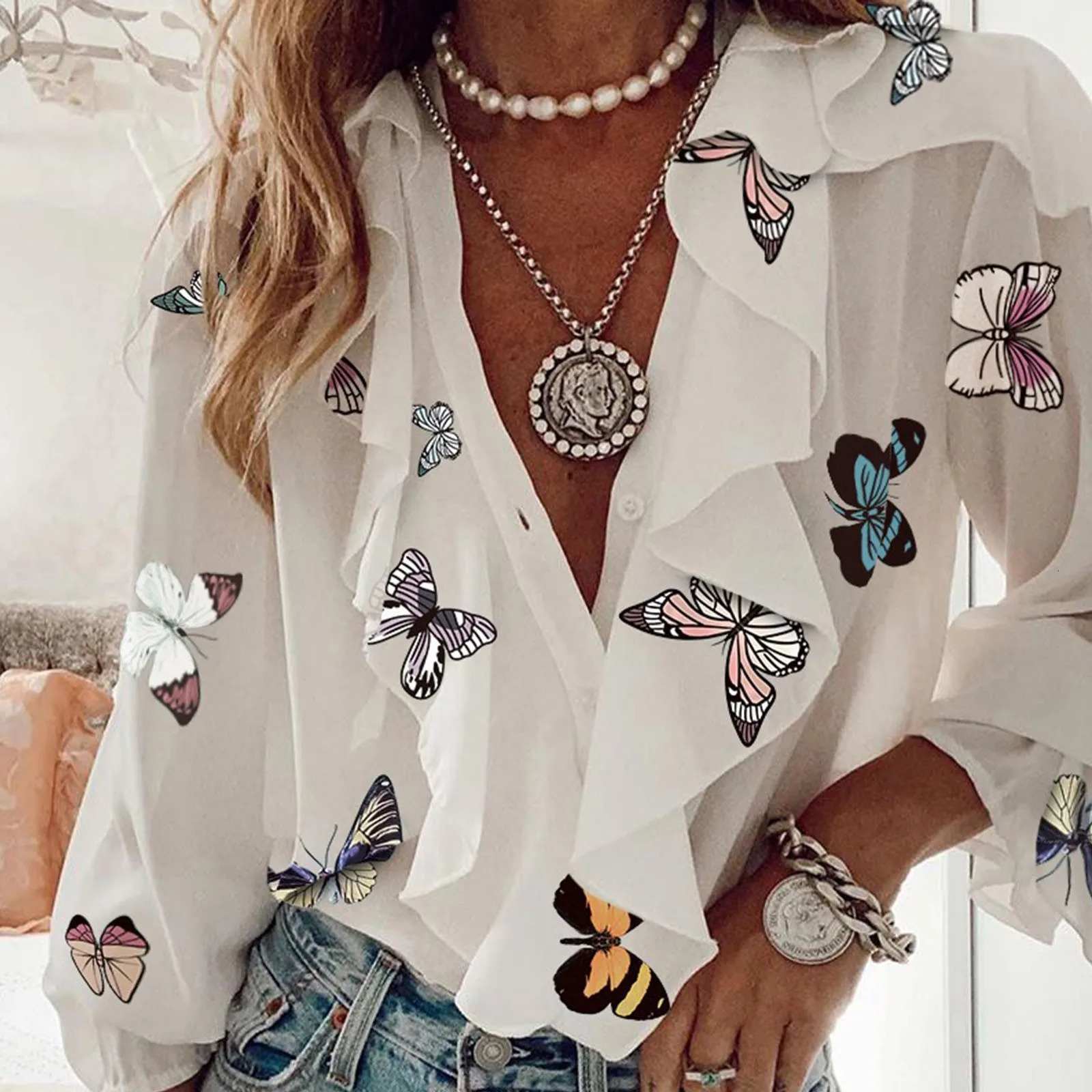 Women Ruffles French Elegant Blouses Fashion Casual Sexy V Neck Tops Long Sleeve Flare Cuff Shirt Button Up Party Blusas 250219