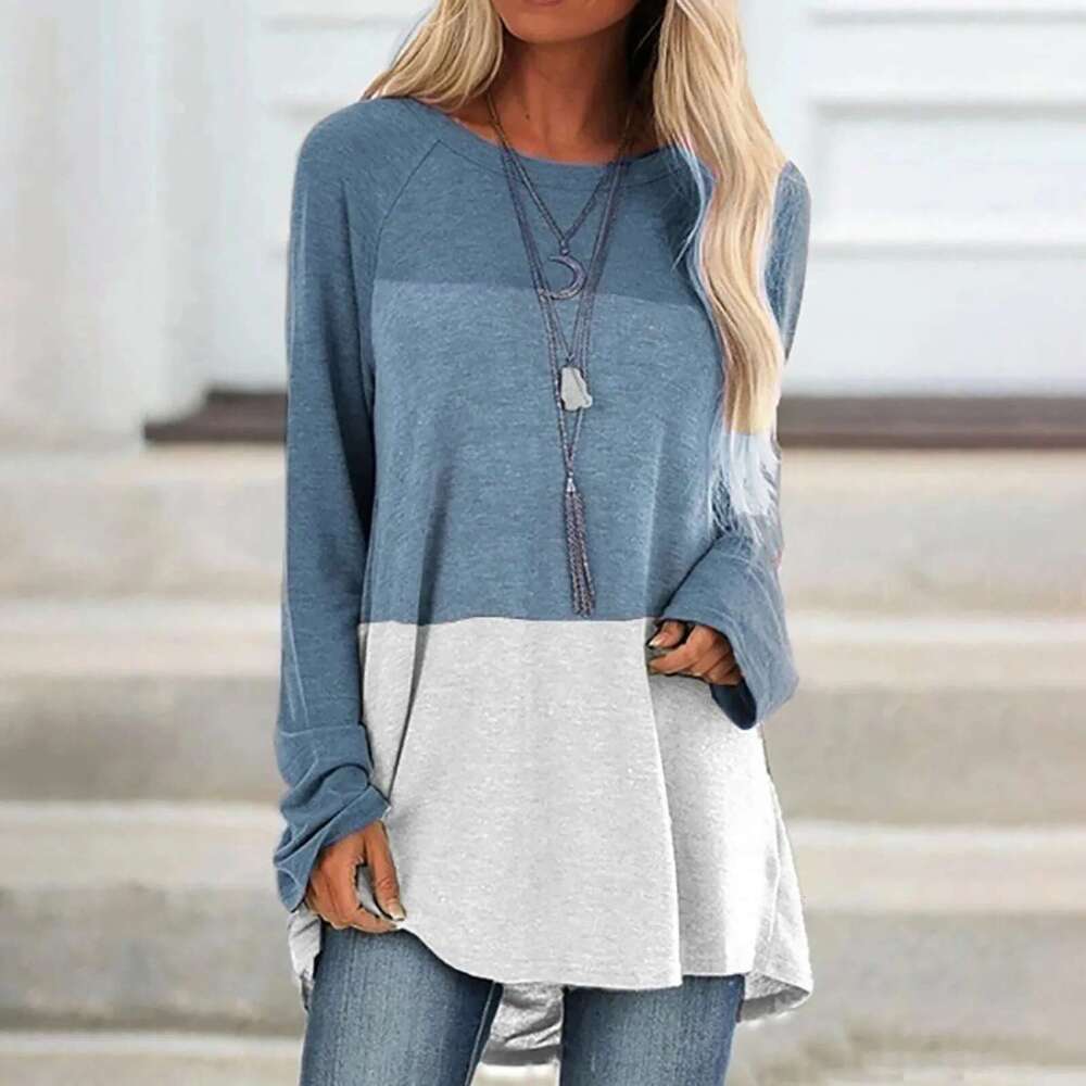Womens Tops Fashion Pattern Splicing Long Sleeves Round Neck Tunic Tees Casual Loose Blouse