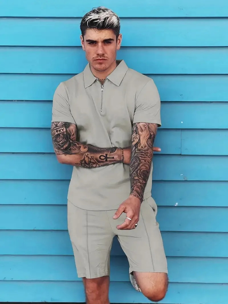 summer mens shorts set short sleeved zipper polo shirt street T-shirt two-piece set casual sportswear Hawaii/street/sportswear 250220