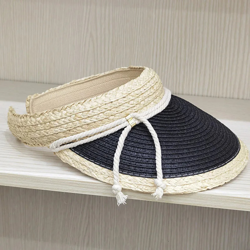 6 Color Straw Visor Hat Cord Band Sun Cap Sunshiny Holiday Beach Cap Women Girl Two Tones Patchwork Summer Cap Free Size 250219