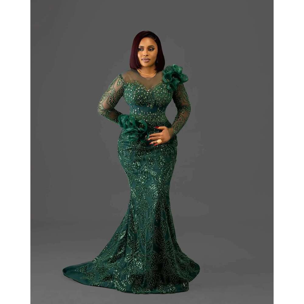 Plus size dark green mermaid full lace prom dress res beaded formal night party sea reception anniversary engagement