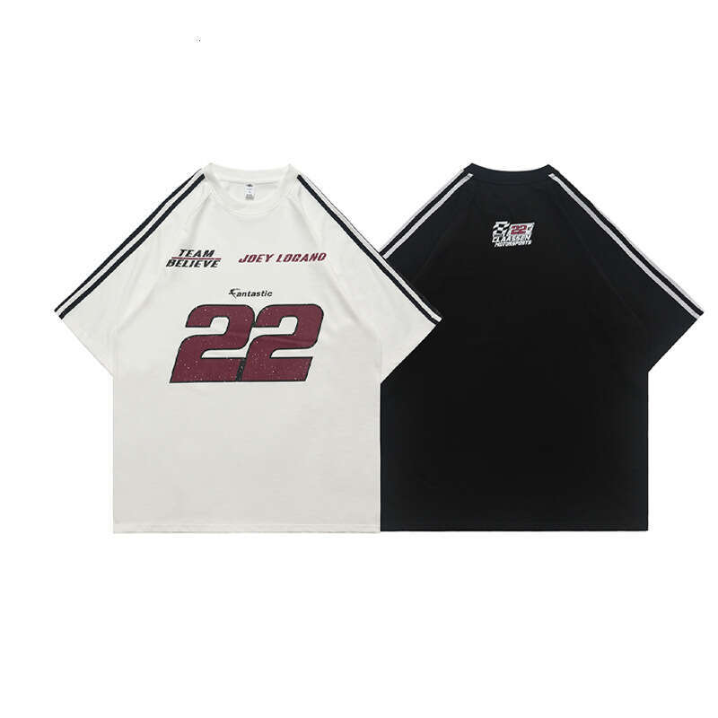 LawFoo summer American racing style pure cotton shoulder striped short sleeved T-shirt for couples