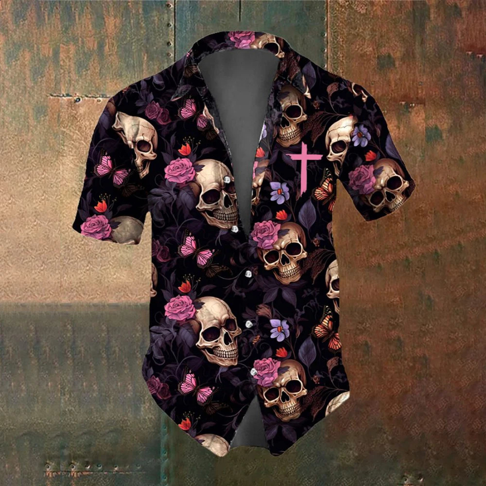 Summer Retro Flower Skull Pattern Mens Short Sleeved Shirt Fashion Street Trend Horror Party Men Oversized TShirt 250220