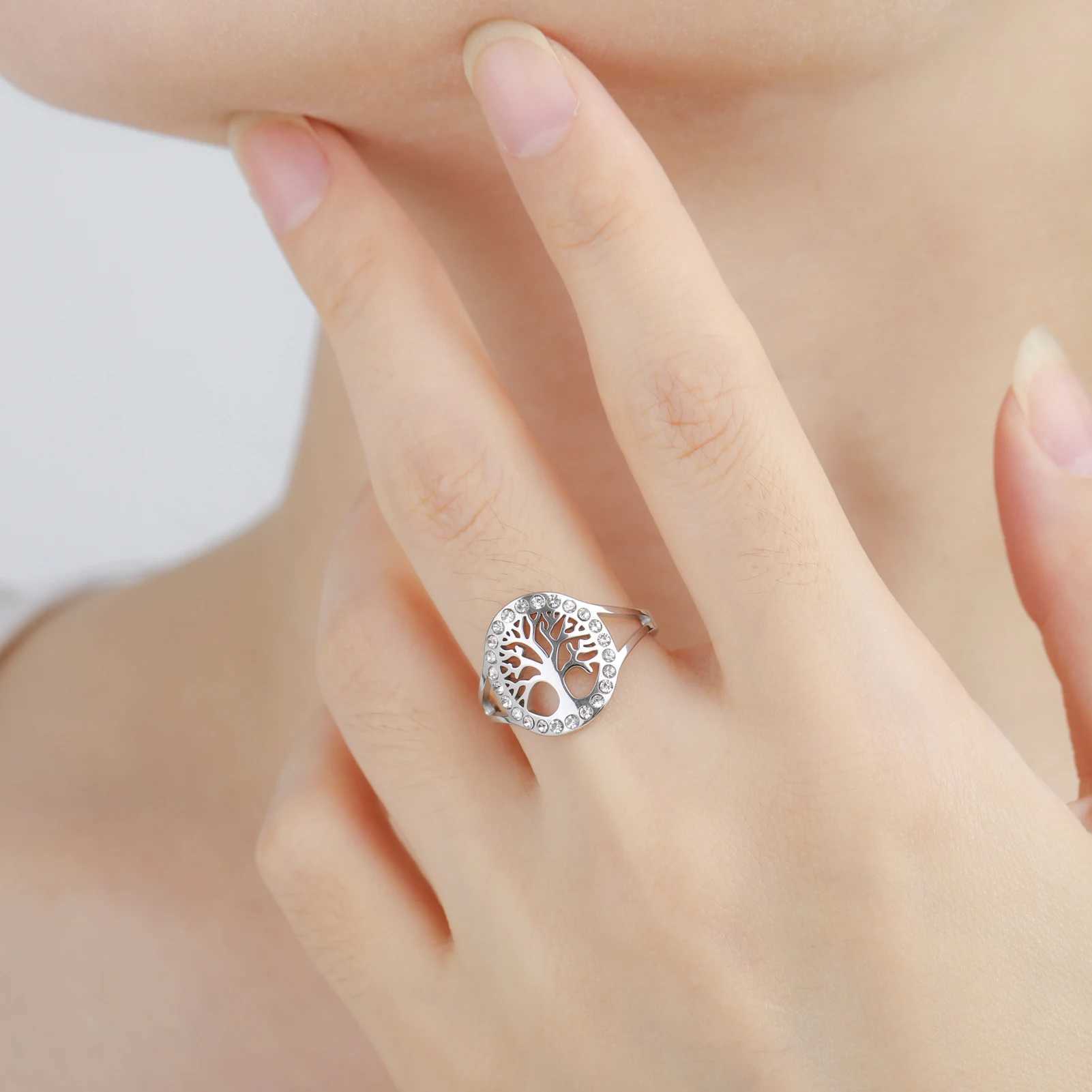 Skyrim Tree of Life Clear Zircon Round Ring Stainless Steel Gold Color Adjustable Wen Finger Rings Amet Jewelry s X250220