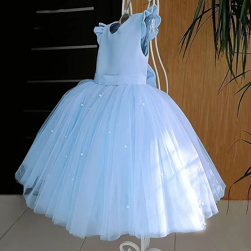 Toddler Girl Flower Birthday Tulle Dress Backless Bow Wedding Gown Kids Party Wear Princess Blue Dress Baby Girl Bowknot Dresses 250220