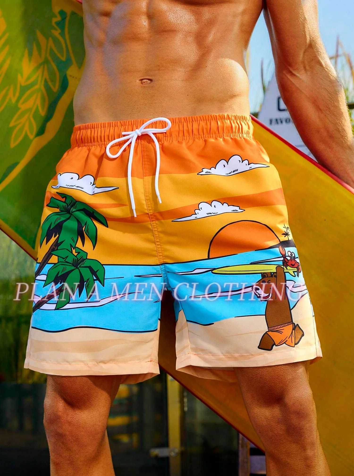 Summer Men Bear Print shorts Outdoors Exercise Adult Beachwear Hawaii Casual vacation shorts and surfing shorts men clothing X250220
