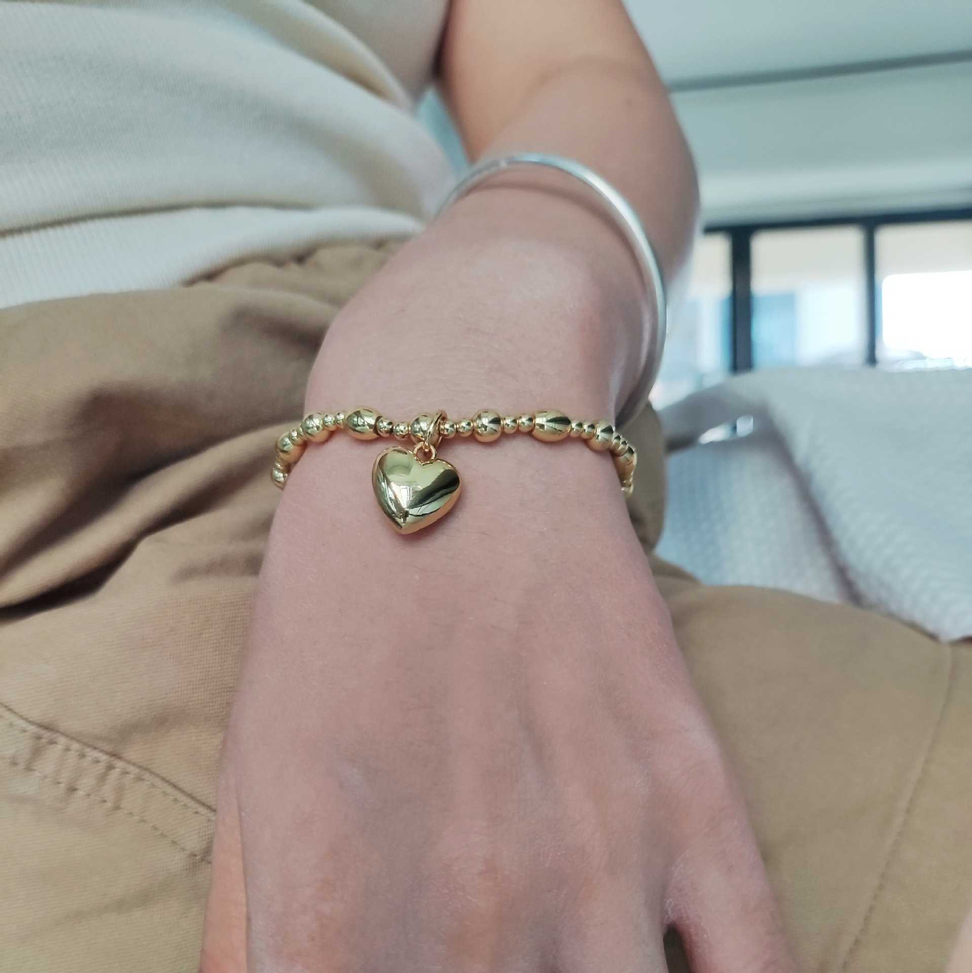 Charm Bracelets Peach Heart Round Bead Bracelet Fashionable Personalized Trendy Handpiece Gold Plated Solid Love Elastic Bracelet H25220