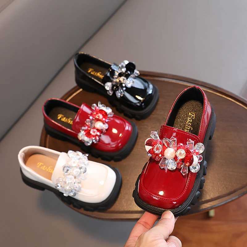 Autumn Girls Loafers Platform Crystal Beading Beautiful Children Leather Shoes Three Colors 23-36 Infant Square Toe Kids Shoes X250220