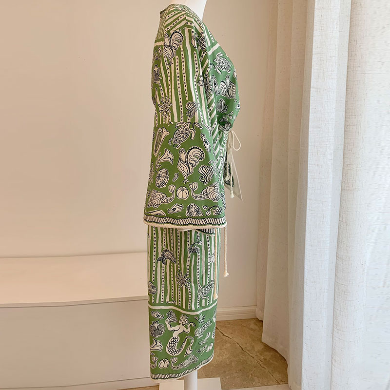 Lady Organic Cotton Green White Stripe Print Set Luxury O Neck Long Sleeve Cropped Loose Top One-Piece High-Waist Tie Skirt Chic Spring High-Quality D