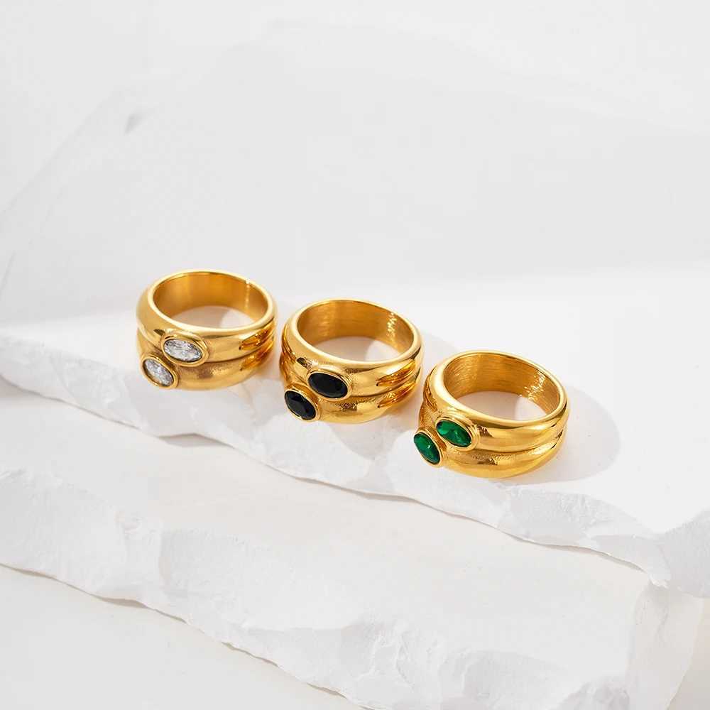 Vintage Stainless Steel Ring 14k Gold Plated Inlaid Zirconia White Emerald Or Black Match Daily Outfits Party Accessory X2502201