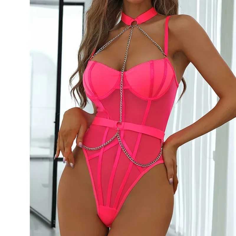 Porn Black Fitness Bodysuit Women Erotic Sexy Lingerie for Sex with Halter Chain See Through Teddy Body Suit Lace Tights W250220