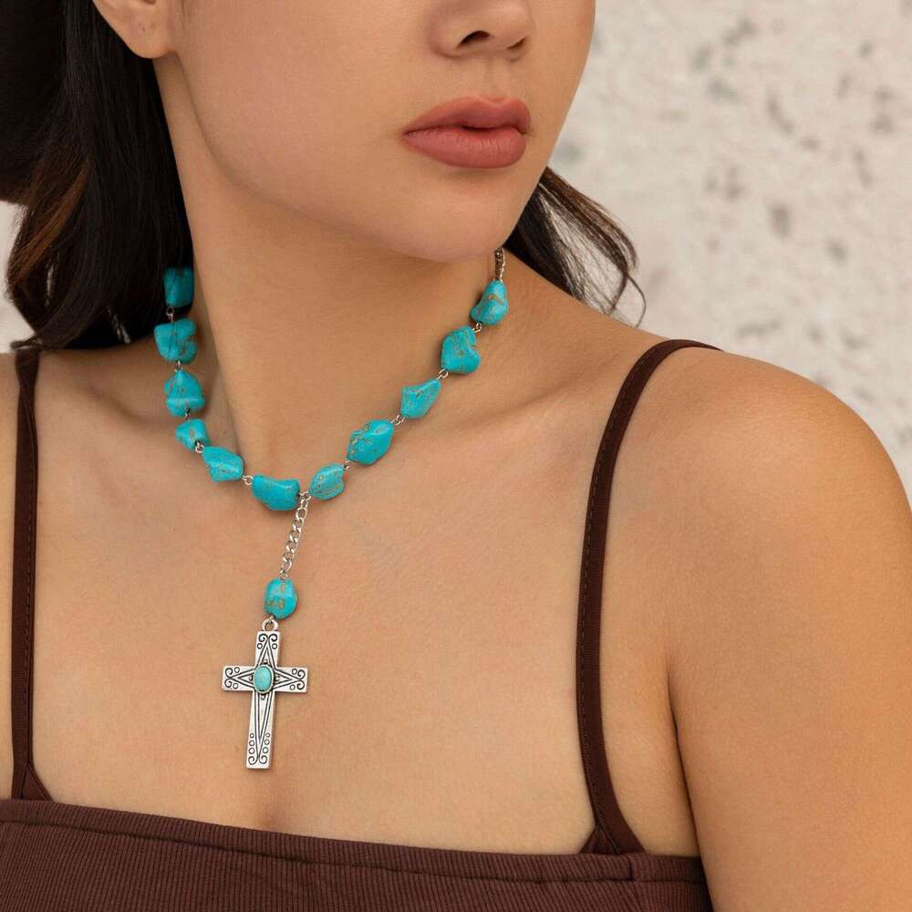 Jewelry cross, turquoise alloy, ins style, high-end, minimalist necklace, summer new jewelry