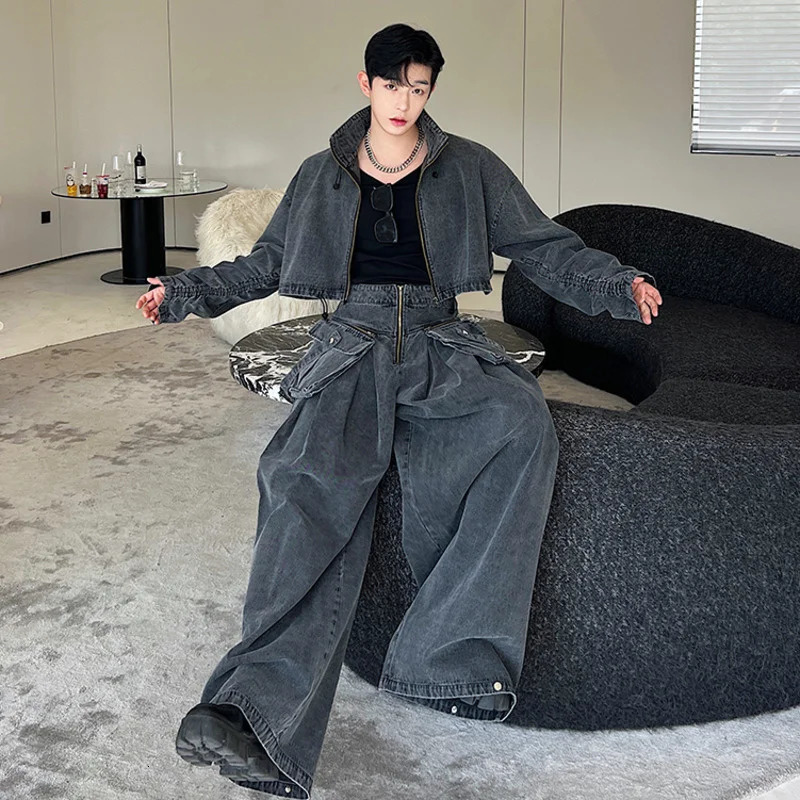 IEFB Two-piece Trendy Zipper Short Jacket Wide Leg Trousers Big Pocket Autumn Mens Wear Personality Denim Pants Set 9C1543 250220