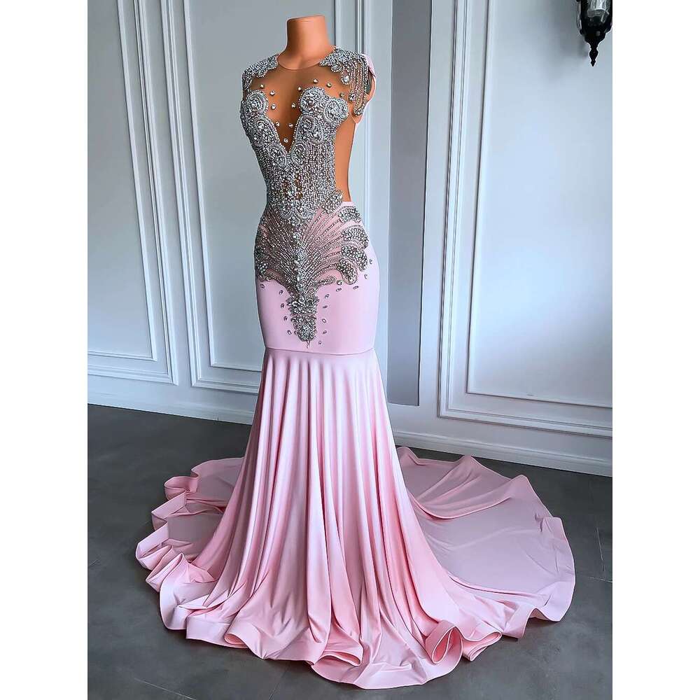 Long 2025 Mesh Transparent Top The Bright Silver Diamond Black Girls Pink Graduation Ball Gowns Formal prom Party Dresses