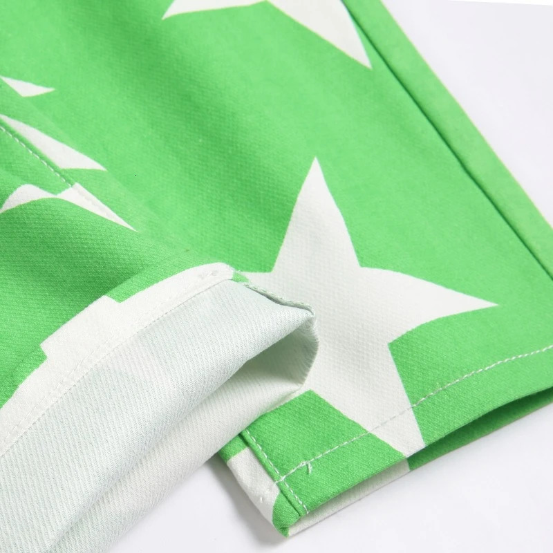 Men Stars Print Jeans Y2K Fancy Color Spliced Pants Stretch Cotton Denim Slim Straight Trousers Green 250219