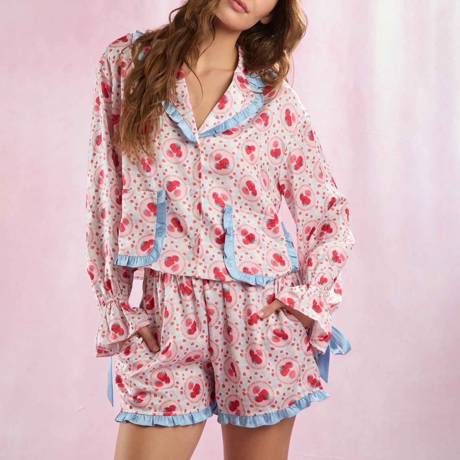 Imcute Strawberries Print Lounge Pants Set Women Valentines Day Sleepwear Satin Frill Blouse Shirt TopsShorts 2 Piece Pajamas 250219