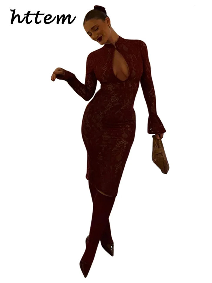 Sexy Jacquard Lace Hollow Out Women Dress Mandarin Collar Flare Sleeve Split Female Party Dresses 2025 Spring Summer Lady Robes 250220