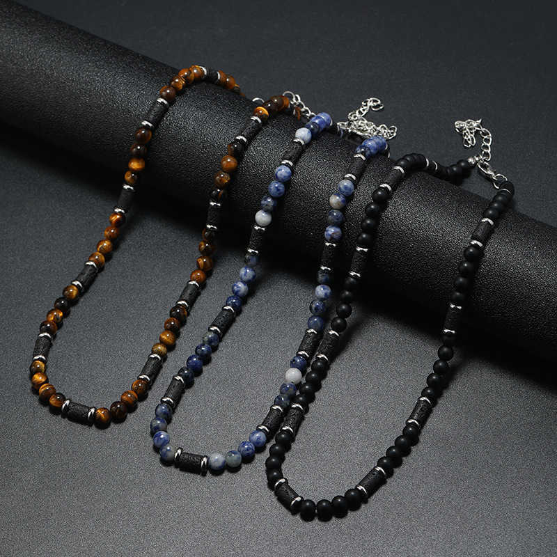 Pendant Necklaces New Tiger Stone Natural Stone Necklace Bohemian Fashion Trend Design Beaded Simple Necklace for Men H25219
