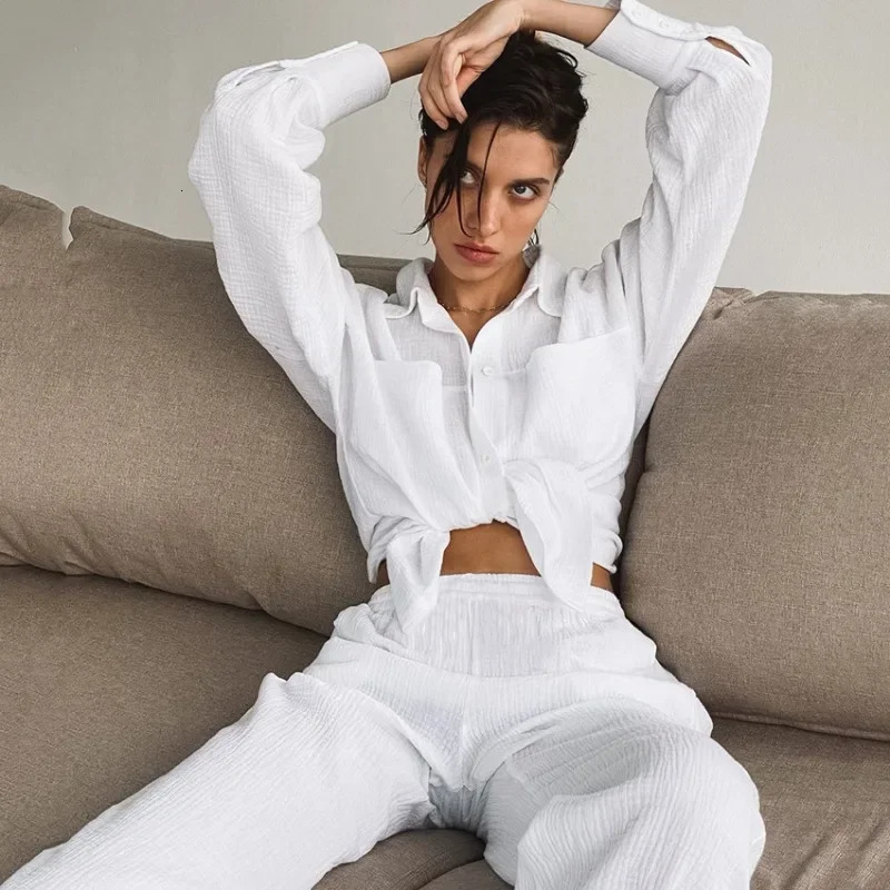Muslin Womens Pajamas 100%Cotton Long Sleeve 2 Piece Sets Nightwear Female Casual Trouser Suits Spring Sleepwear Home Suit 250219