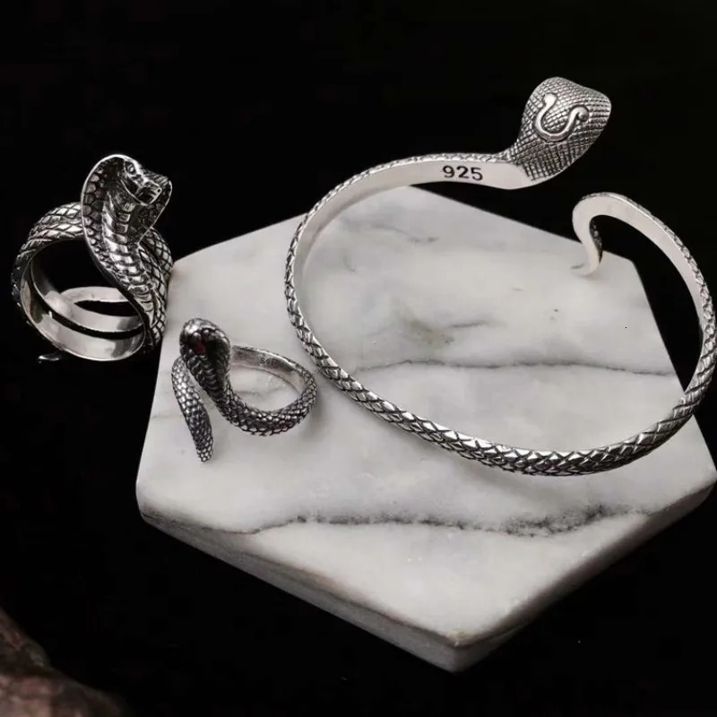 925 Sterling Silver Cobra Snake King Cuff Bangles For Men and Women Exaggerated Cool Punk Jewelry 250220