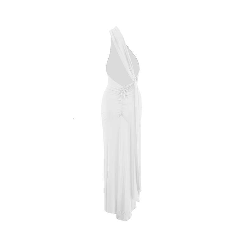 European and American style women's summer product slanted shoulder sexy slim fit backless pleated hollow suspender long dress 2025 new casual fa
