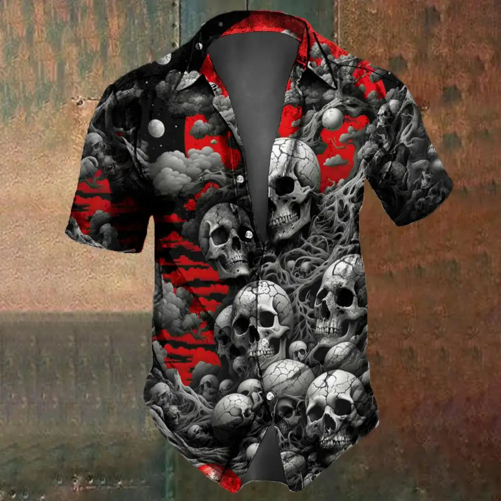 Retro Flower Skull Print Mens Shirt Summer Fashion Street Hip Hop Trendy Tops Shirts Oversized TShirts 250220