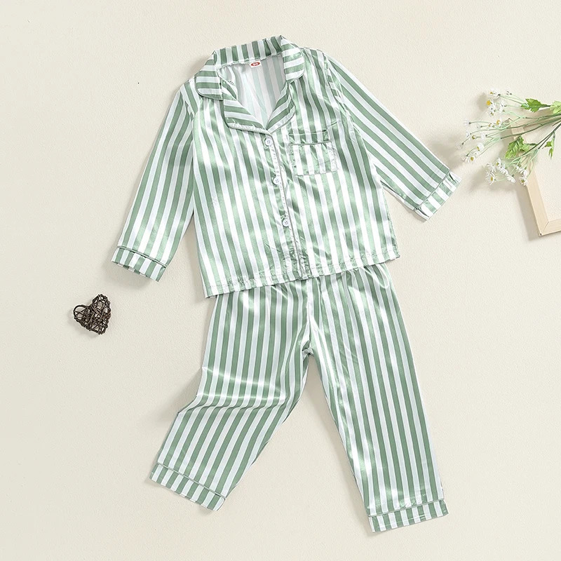Kid Girls Boys Fall Pajamas Set Stripe Print Long Sleeve Shirts Tops Long Pants Satin 2 Pieces Lounge Suit Sleepwear 250219