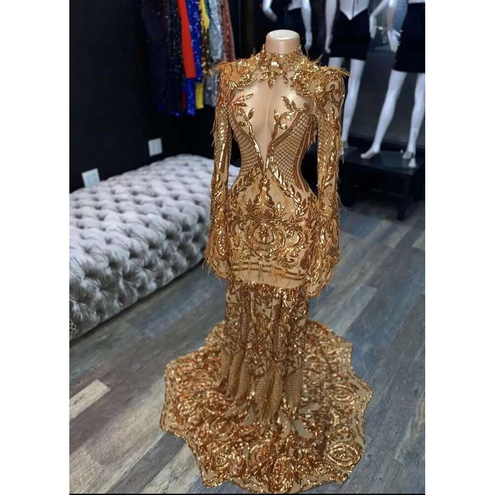 Sparkly Gold Sequins Long Mermaid Ball Gowns 2025 prom High Neck Full Sleeve See Through African Women Black Girls Night Dresses