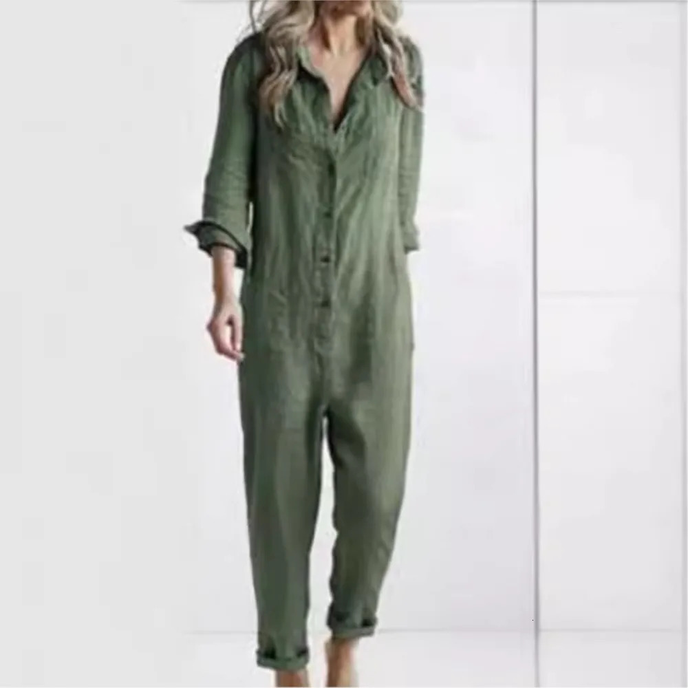 Fashion cotton linen long sleeved pocket jumpsuit for womens autumn casual loose solid color jumpsuit for womens military jumpsuit 250220