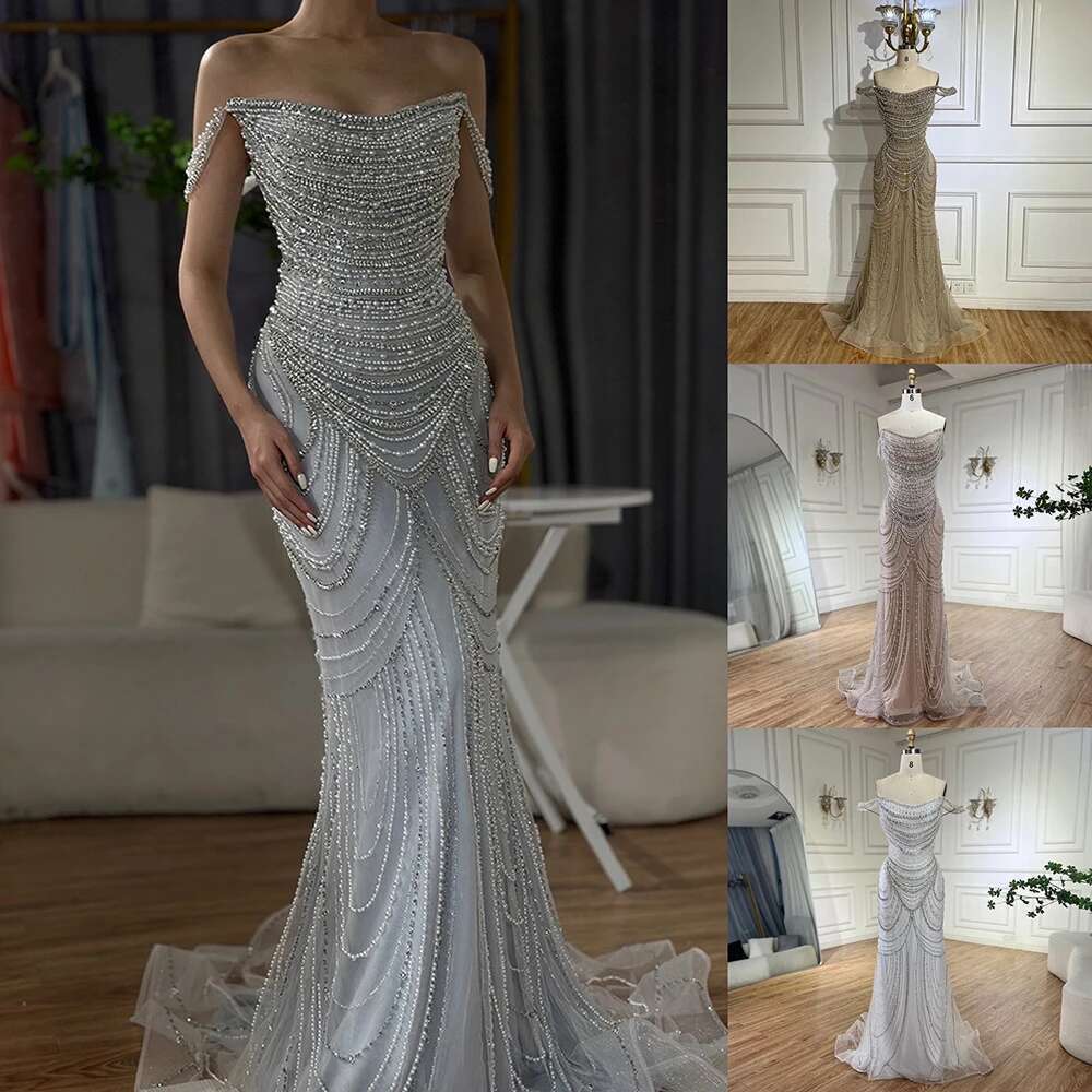 White Dubai Nude Strapless Mermaid Evening Dresses Gowns Pearls Beaded For Women Prom Party BLA