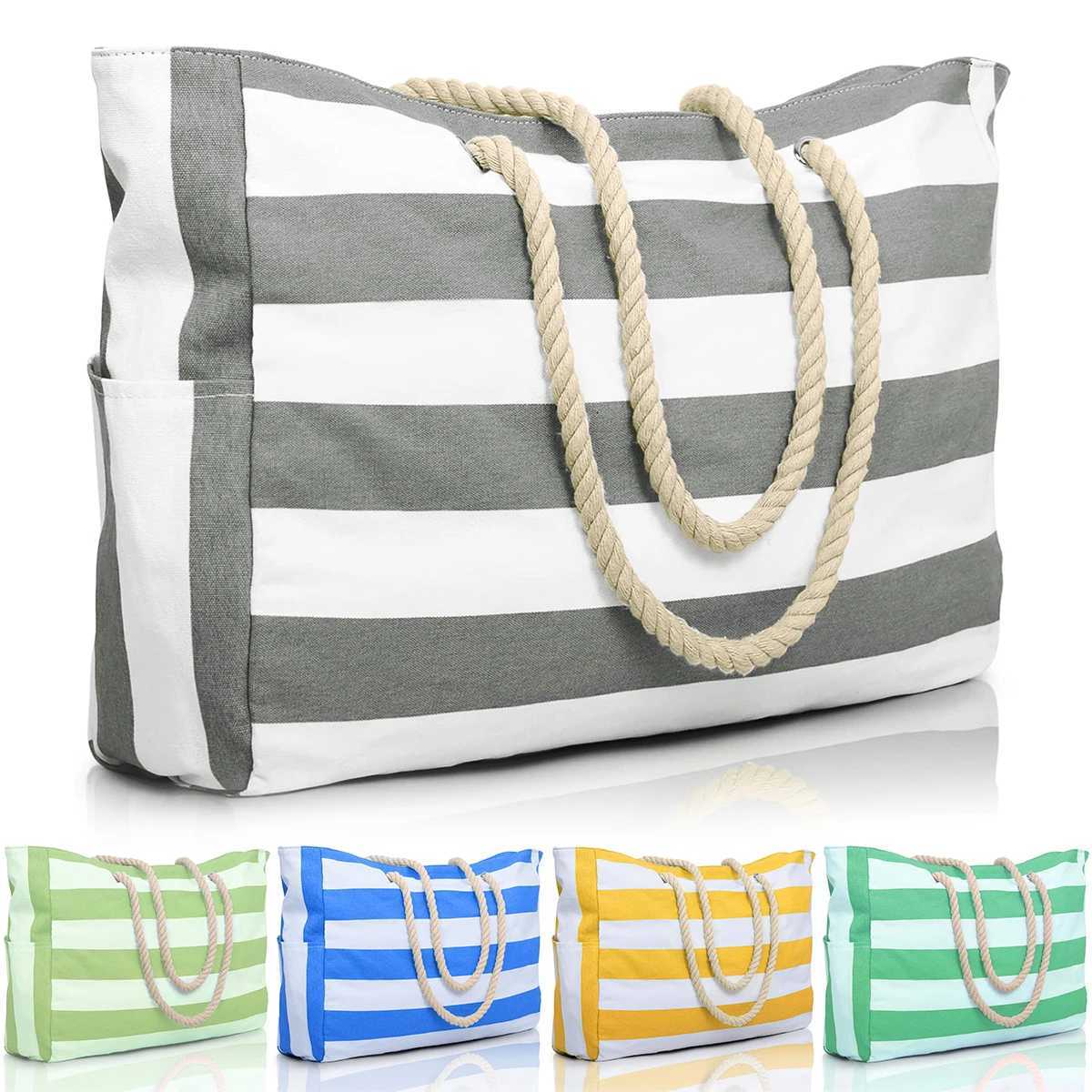 Striped zipper outer bag for outdoor travel and vacation waterproof and sand resistant canvas convenient folding beach bag-ll Z250219