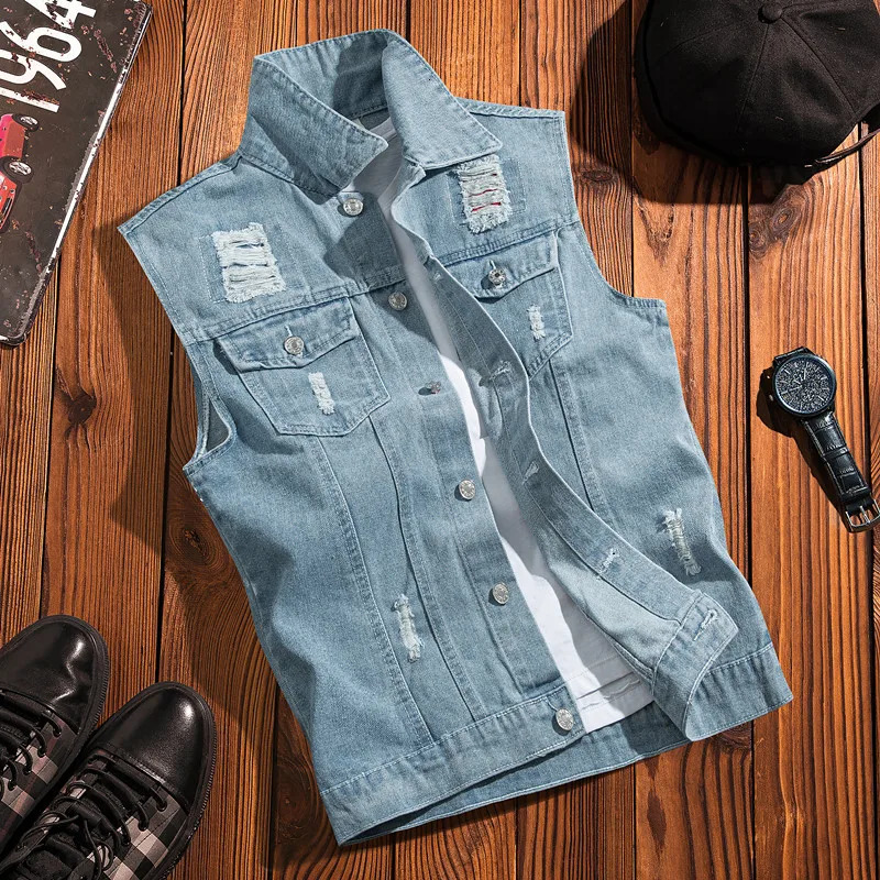 Spring Autumn Men Lapel Denim Vest Mens Casual Sleeveless Jeans Jacket Male Streetwear Solid Color Waistcoat D706 250219