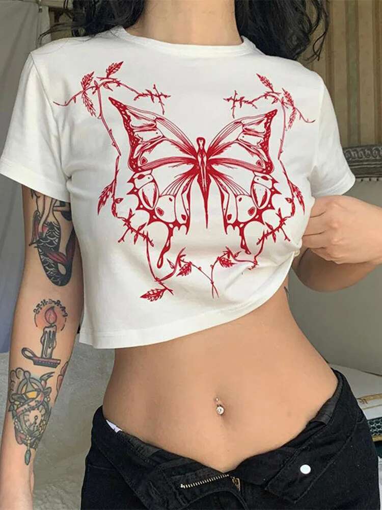 Fashionable Retro Fairy Grunge Butterfly Print Short Sleeved Designer T Shirt Casual Round Neck Slim Fit Exposed Navel Punk Haruku T-shirts Y2K Women&