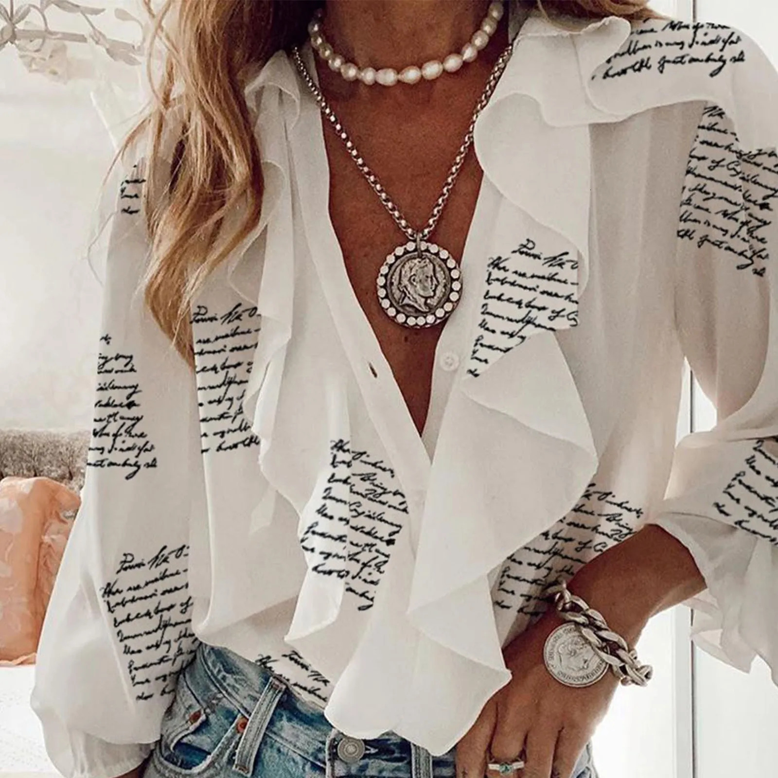 Women Ruffles French Elegant Blouses Fashion Casual Sexy V Neck Tops Long Sleeve Flare Cuff Shirt Button Up Party Blusas 250219