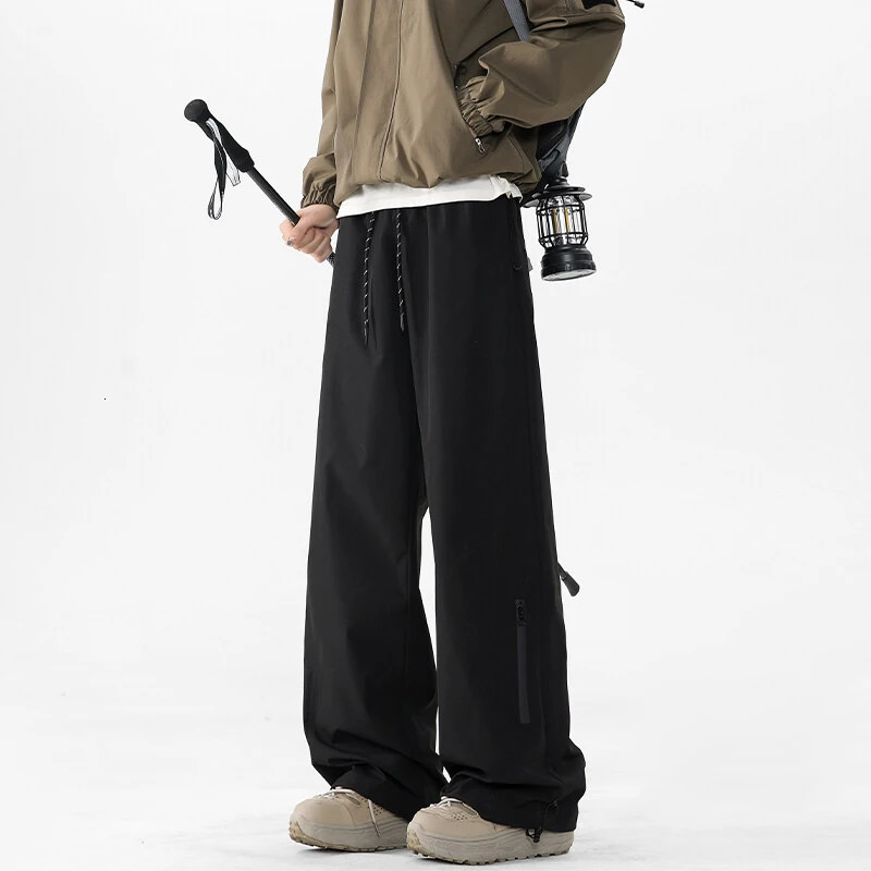 LAPPSTER Black Mens Outdoor Zipper Casual Jogger Pants Hiking Waterproof Pockets Y2k Windbreak Climbing Sweatpants Trousers 250220