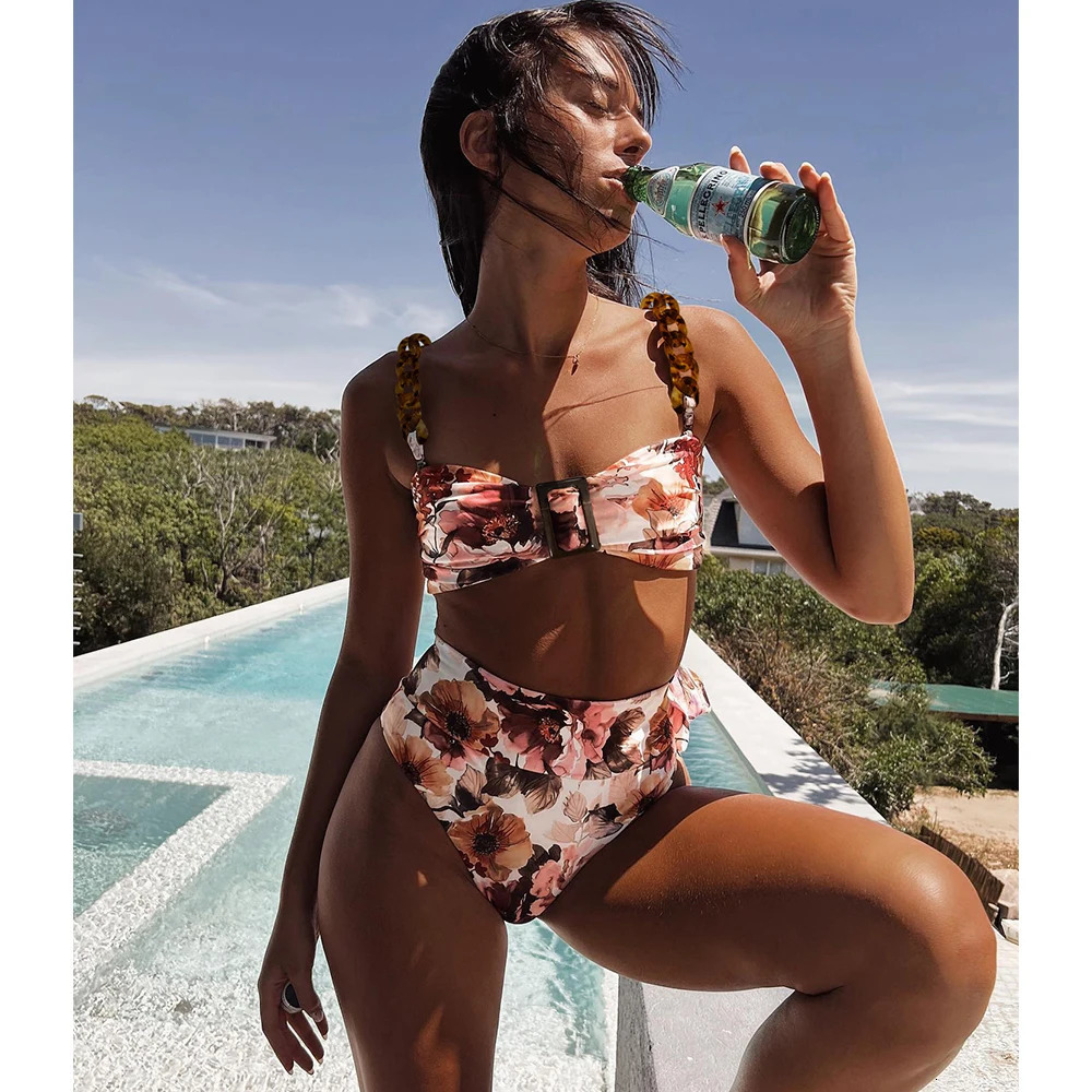 Sexy High Waist Ruffles Bikinis Bandeau Swimwear Women Ribbed Womens Swimsuits Bathing Suit Solid Brazilian bikini 250220