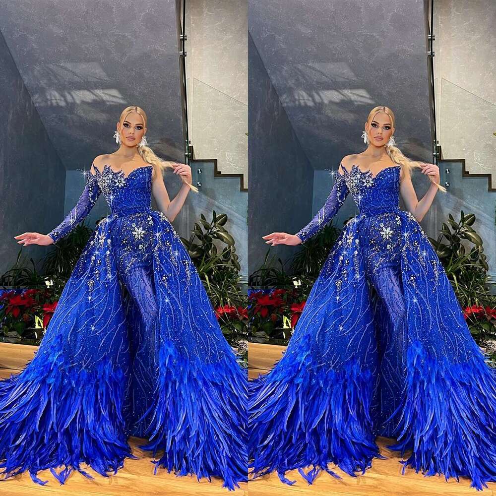 Royal feathers blue mermaid evening lace sequins one shoulder crystal bespoke prom with overskirt party dresses