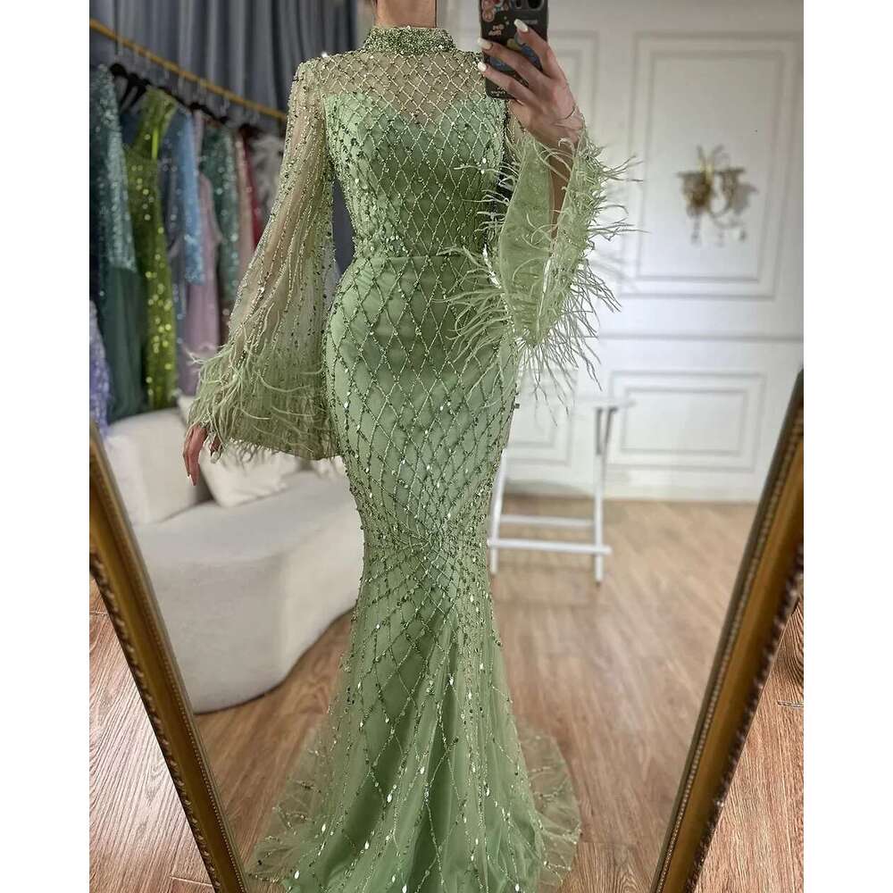 Caramel Saudi Cut Out Lace Beaded Feathers Mermaid Evening Dresses Prom Gown For Formal Ocn Customize