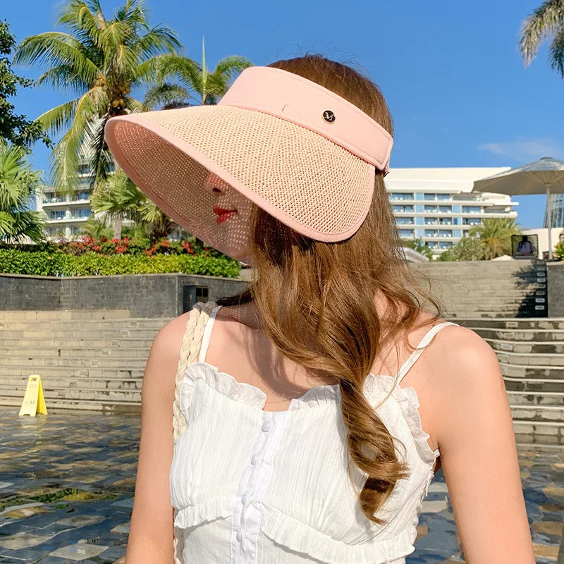 USPOP Women Summer Straw Sun Hat Without Crown Letter Wide Brim Beach Hat Anti-UV Sunshade 250219