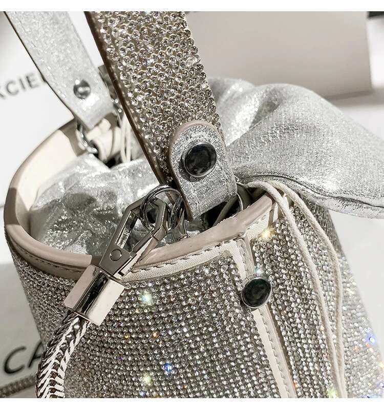 Women Handbag Glitter Bucket Crystal Shiny Rhie Dia Evening Wedding Party Clutch Purse Shoulder Crossbody Bag