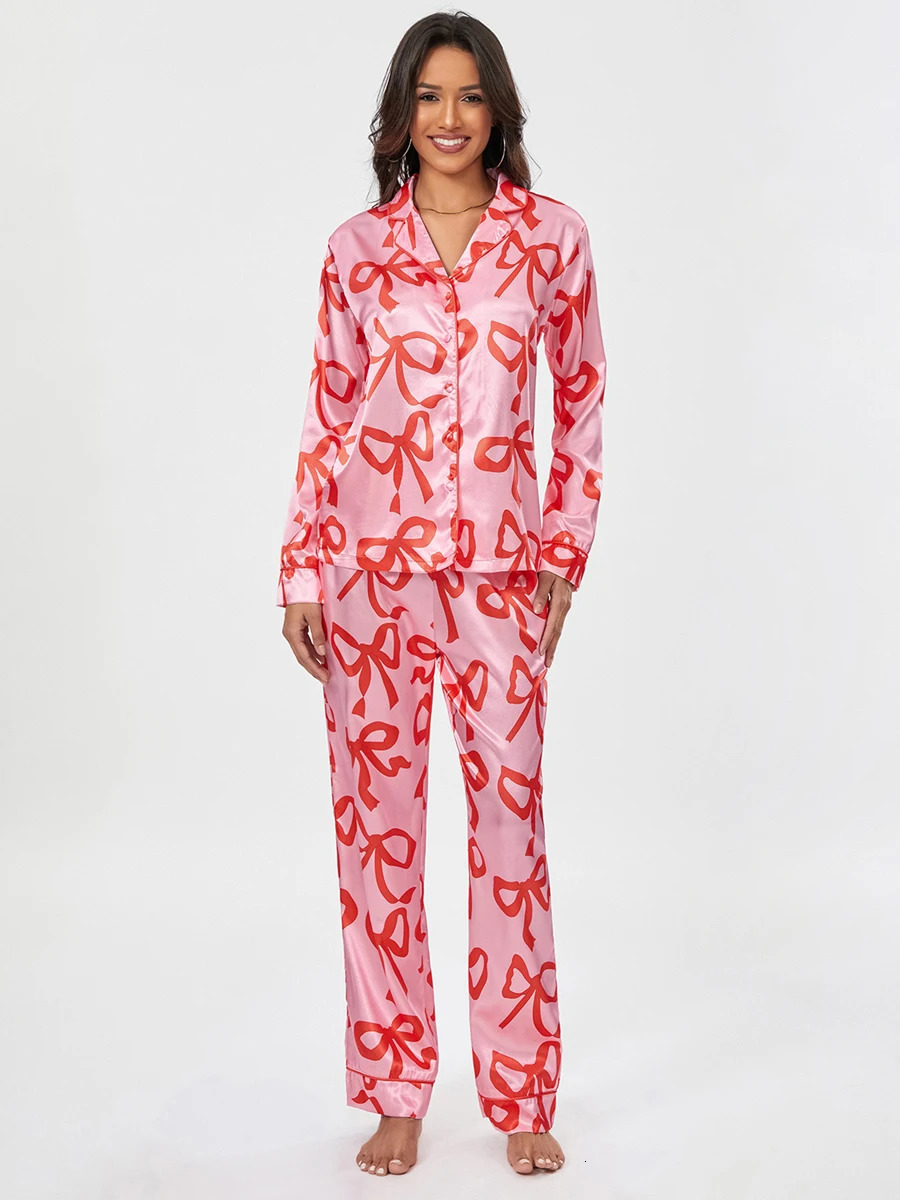 Womens 2-piece long sleeved lapel button top bow printed pants pama set 250219