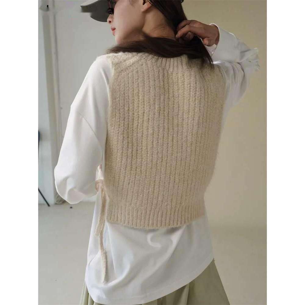 2025 Early Spring Vintage Twisted Double Sided Tie Rope Short Knitted Vest Women Loose Sleeveless Sweater Apricot/Gray
