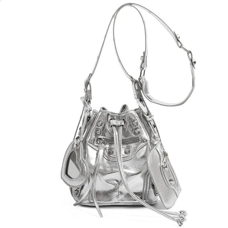 Fashion Women Bucket Bags Advanced Drawstring Street Trend Shoulder Purses Rivet Handbags PU Leather Crossbody Bag 250218