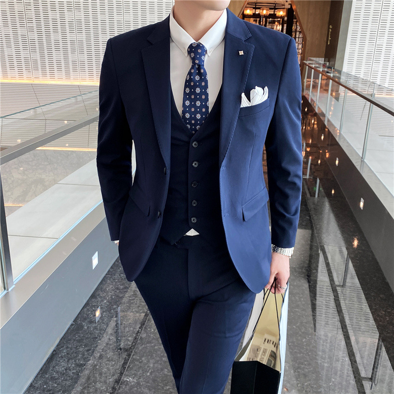 V219Slim Fit Men's Business Three-Piece Suit with Korean Touch for Groomsmen